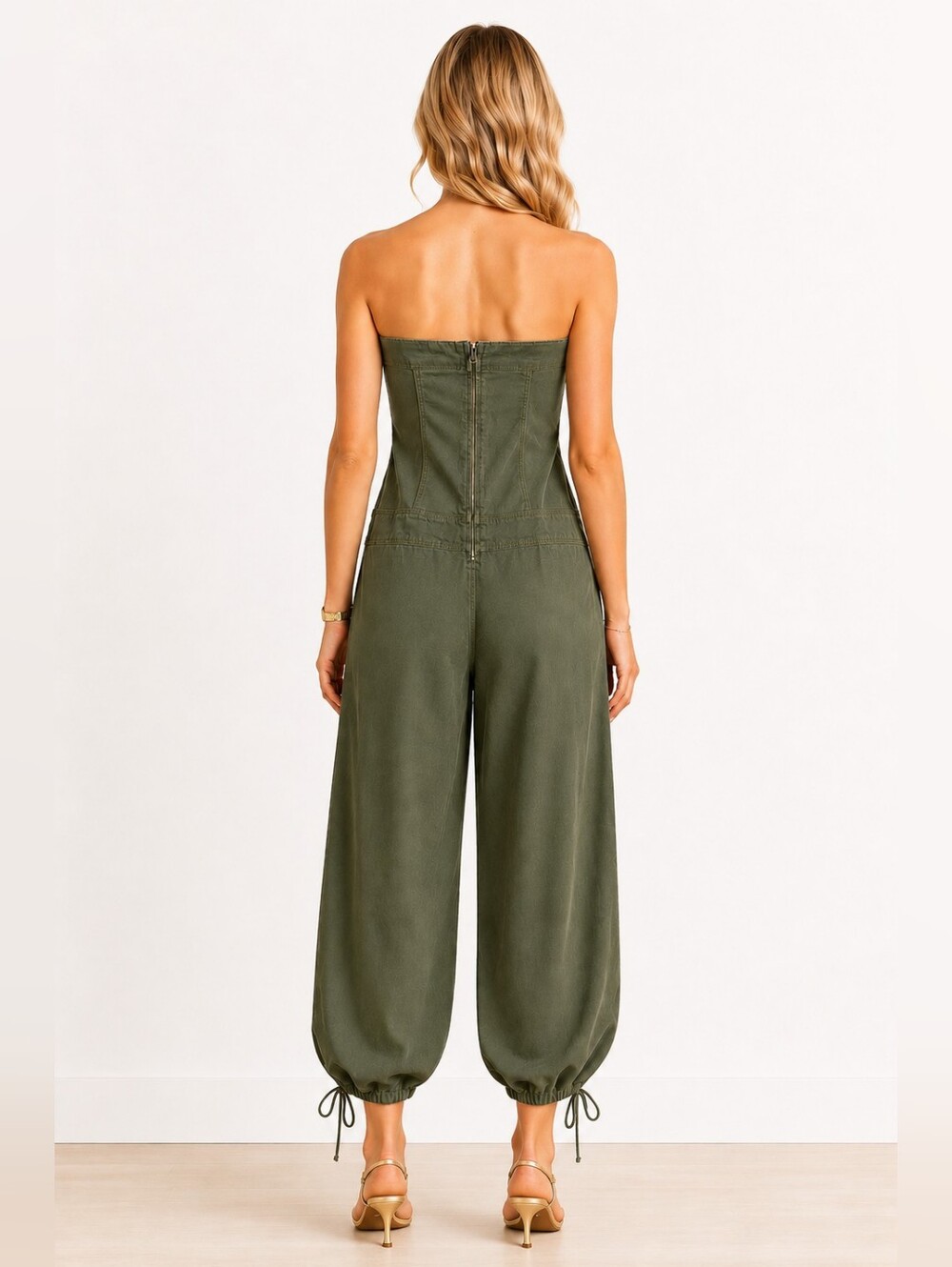 Hotkiss Olive Green Chic Strapless Utility Jumpsuit | Size L - Picture 2 of 8